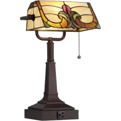 Robert Louis Tiffany Traditional Piano Banker Desk Table Lamp 17" High With AC Power Outlet Bronze Floral Art Glass Bedroom Office -Decor Haven Shop GUEST 03ecdbab c402 4c36 b70f 3711b64ceb9f