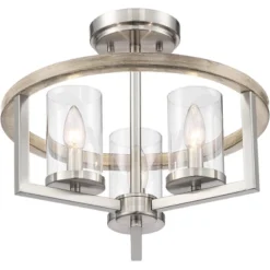 Possini Euro Design Senna Modern Industrial Ceiling Light Semi Flush Mount Fixture 15" Wide Brushed Nickel Gray Wood 3-Light Clear Glass For Bedroom -Decor Haven Shop GUEST 08a6d6bd 0bbb 4c6e a704 3432667d795f