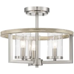 Possini Euro Design Senna Modern Industrial Ceiling Light Semi Flush Mount Fixture 15" Wide Brushed Nickel Gray Wood 3-Light Clear Glass For Bedroom -Decor Haven Shop GUEST 08dd1794 0813 479b a383 aeb04b0df2ca