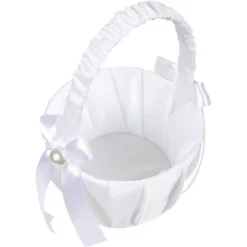 Juvale White Flower Girl Basket For Wedding Reception Rose Petals, Cute Satin Bowknot With Pearl Design (8.7 X 5.2 X 4.2 In) -Decor Haven Shop GUEST 12e95753 5f66 47d9 bb85 2e82f266ae2e