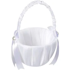 Juvale White Flower Girl Basket For Wedding Reception Rose Petals, Cute Satin Bowknot With Pearl Design (8.7 X 5.2 X 4.2 In) -Decor Haven Shop GUEST 18f7924e 03c1 48be 9a6d 73e65d18b4ed