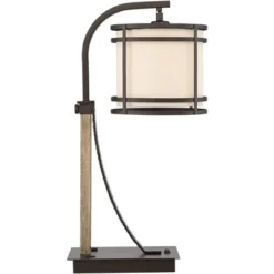 Franklin Iron Works Gentry Industrial Desk Lamp 22" High Oil Rubbed Bronze Faux Wood Cage With USB And AC Power Outlet In Base Oatmeal Shade For Desk -Decor Haven Shop GUEST 19ef54f6 fb9e 4496 a088 ce71f4fcce3f