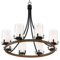 Stiffel Black Wood Wagon Wheel Chandelier 29 1/2" Wide Industrial Clear Outer Frosted Inner Glass 8-Light For Dining Room House -Decor Haven Shop GUEST 3041151d f75d 4b16 b688 6c10c165c76b