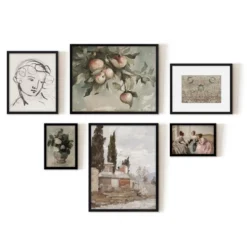 Americanflat 6 Piece Vintage Gallery Wall Art Set - Chickadee, Apple Tree Watercolor, Portrait Sketch, Afghan Rug By Maple + Oak -Decor Haven Shop GUEST 492ae3fe 984e 4fa6 a00a b6b099d0a06f