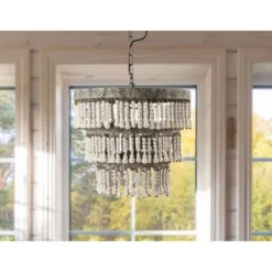 3-Tier Round Metal Chandelier With 3 Lights And Hanging Wood Beads Cream - Storied Home -Decor Haven Shop GUEST 506ebbd1 0947 4929 9e1f 5c488f0fb694