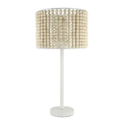 25" Eliza Metal And Tan Wood Beaded Drum Shade Table Lamp White - River Of Goods -Decor Haven Shop GUEST 519a63c9 2a63 4952 a12c 7d0d20bcd9a1