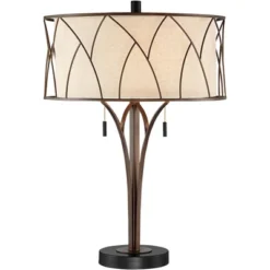 Franklin Iron Works Sydney Modern Mid Century Table Lamp 26" High Bronze With USB Charging Port Oatmeal Drum Shade For Bedroom Living Room Office Desk -Decor Haven Shop GUEST 630484dd 654c 4936 875a fd7139348fd1