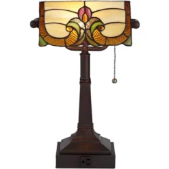 Robert Louis Tiffany Traditional Piano Banker Desk Table Lamp 17" High With AC Power Outlet Bronze Floral Art Glass Bedroom Office -Decor Haven Shop GUEST 8778d4d3 e9e6 4801 bb88 81da07d8e1ad