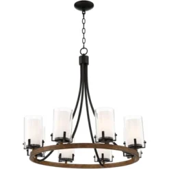 Stiffel Black Wood Wagon Wheel Chandelier 29 1/2" Wide Industrial Clear Outer Frosted Inner Glass 8-Light For Dining Room House -Decor Haven Shop GUEST 912dab1f a1cc 4e8d beae de640d93ebcf