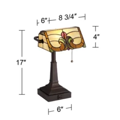 Robert Louis Tiffany Traditional Piano Banker Desk Table Lamp 17" High With AC Power Outlet Bronze Floral Art Glass Bedroom Office -Decor Haven Shop GUEST 99b8f395 d028 4b52 98be e0a78881b3a5