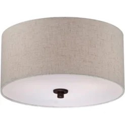 Regency Hill Sylvan Modern Ceiling Light Semi Flush Mount Fixture 14" Wide Bronze 3-Light Oatmeal Fabric Drum Shade For Bedroom Kitchen Living Room -Decor Haven Shop GUEST a02f0228 5e2e 4bb5 b0fc a78de8efcac0