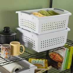 Sterilite Small Plastic Stacking Storage Basket Container Totes W/ Comfort Grip Handles And Flip Down Rails For Household Organization, White, 8 Pack -Decor Haven Shop GUEST ab0917dd 73c9 4610 8cba f684db7e25e7