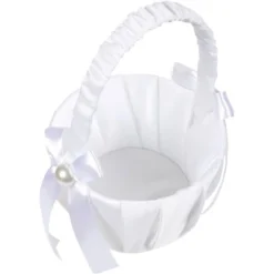 Juvale White Flower Girl Basket For Wedding Reception Rose Petals, Cute Satin Bowknot With Pearl Design (8.7 X 5.2 X 4.2 In) -Decor Haven Shop GUEST b5dbca3f 60b1 4af0 820c 4b499379fc96