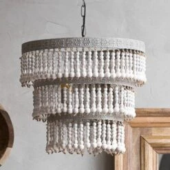 3-Tier Round Metal Chandelier With 3 Lights And Hanging Wood Beads Cream - Storied Home -Decor Haven Shop GUEST ca6d316d 5c26 47ed 87b0 d32c2d3c9e65