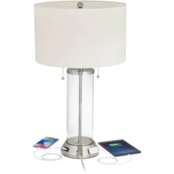 Possini Euro Design Fritz Modern Table Lamp 26 1/2" High Silver Clear Glass Column With USB And AC Power Outlet In Base Drum Shade For Bedroom Desk -Decor Haven Shop GUEST d4d643dc a1a6 461c 9f7d db8a49d8dbe9