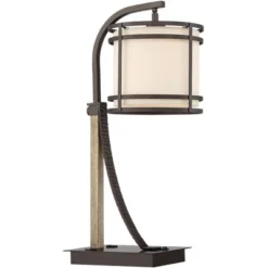 Franklin Iron Works Gentry Industrial Desk Lamp 22" High Oil Rubbed Bronze Faux Wood Cage With USB And AC Power Outlet In Base Oatmeal Shade For Desk -Decor Haven Shop GUEST e3cef309 c454 45d6 a010 6a10c5bf9fcd