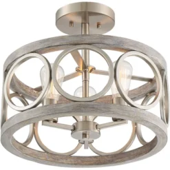 Franklin Iron Works Salima Rustic Farmhouse Ceiling Light Semi Flush Mount 16" Wide Brushed Nickel Gray Wood 3-Light LED For Bedroom Living Room House -Decor Haven Shop GUEST e8f1a24c c873 4c89 b19a 1b0b92e4175c