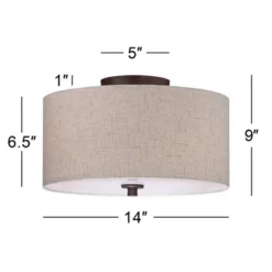 Regency Hill Sylvan Modern Ceiling Light Semi Flush Mount Fixture 14" Wide Bronze 3-Light Oatmeal Fabric Drum Shade For Bedroom Kitchen Living Room -Decor Haven Shop GUEST f0963af3 123f 45f3 9682 fe553a845f8e