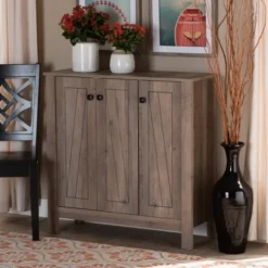 Derek Finished Wood 3 Door Shoe Cabinet Oak - Baxton Studio -Decor Haven Shop GUEST fa2d856a 9fcc 4768 8872 8e204b59bcf5